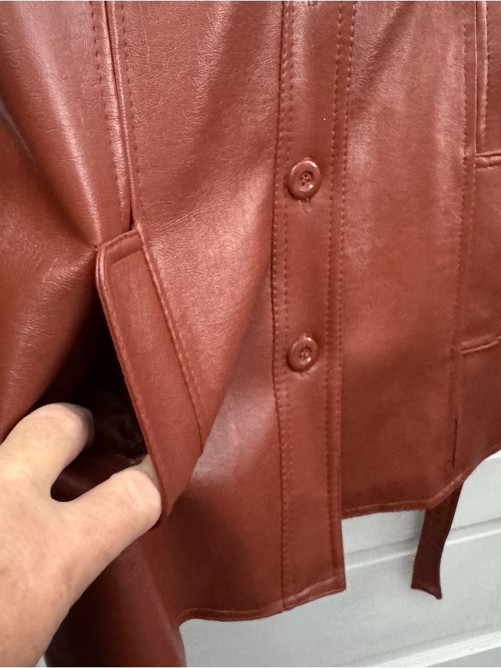 Vintage Brown Faux Leather Belted Jacket Womens M Western Shacket - Picture 10 of 11